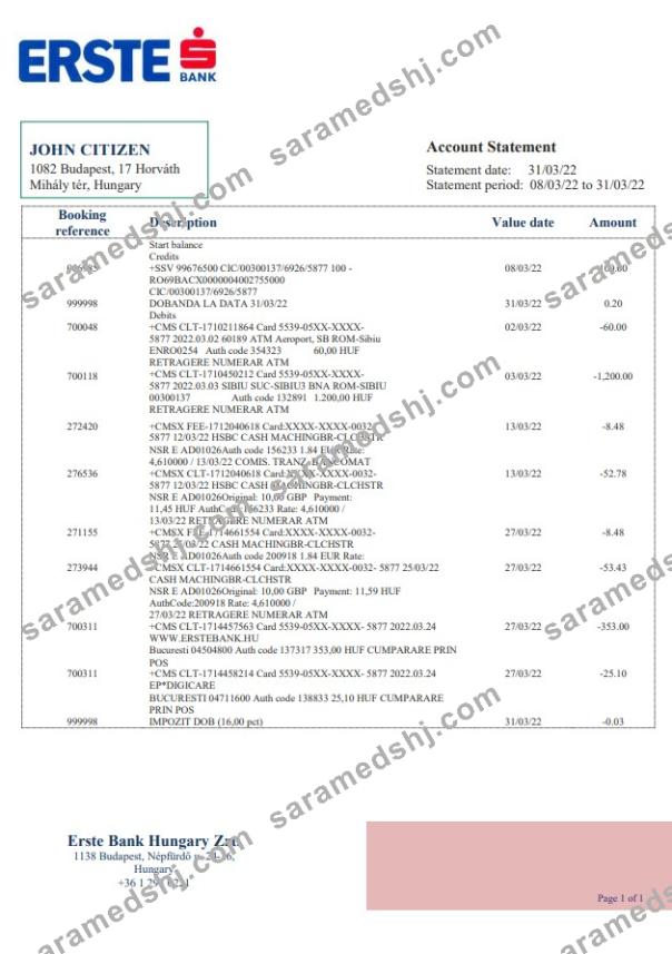 Hungary Erste bank statement